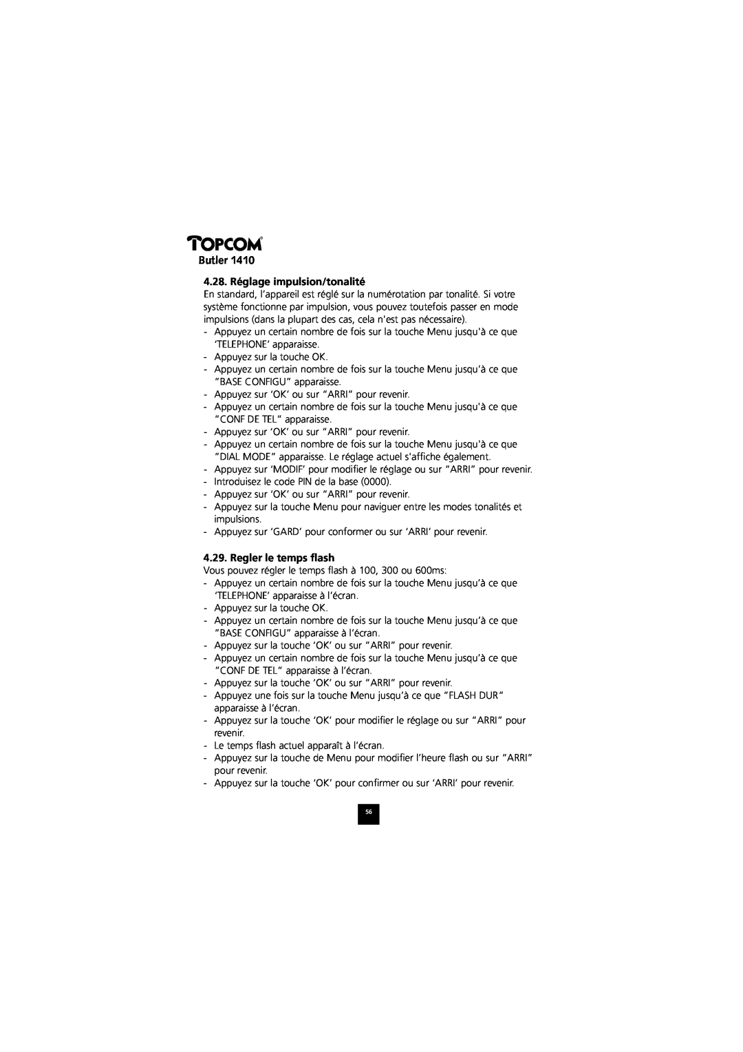 Topcom 1410 manual 4.28. Réglage impulsion/tonalité, Regler le temps flash, Butler 