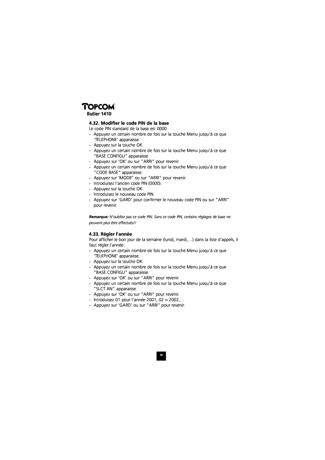 Topcom 1410 manual 4.33. Régler lannée, Butler, peuvent plus être effectués 