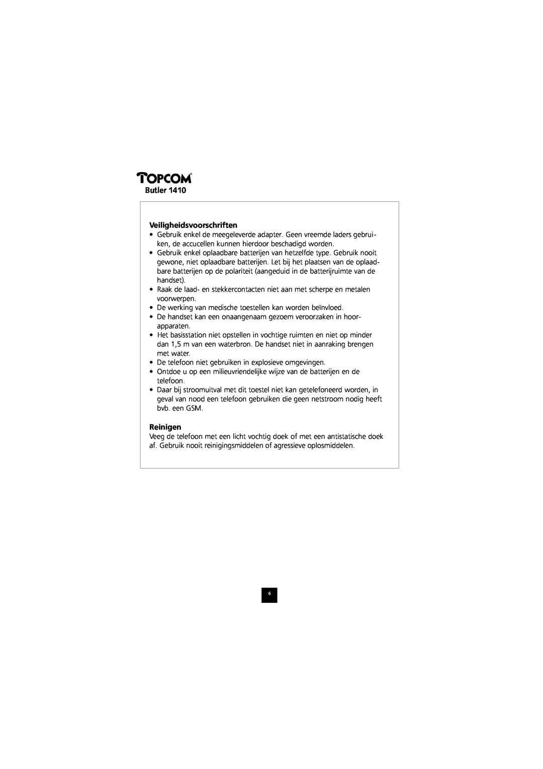 Topcom 1410 manual Veiligheidsvoorschriften, Reinigen, Butler 