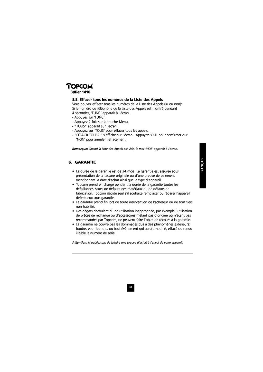 Topcom 1410 manual Effacer tous les numéros de la Liste des Appels, Butler, Garantie 