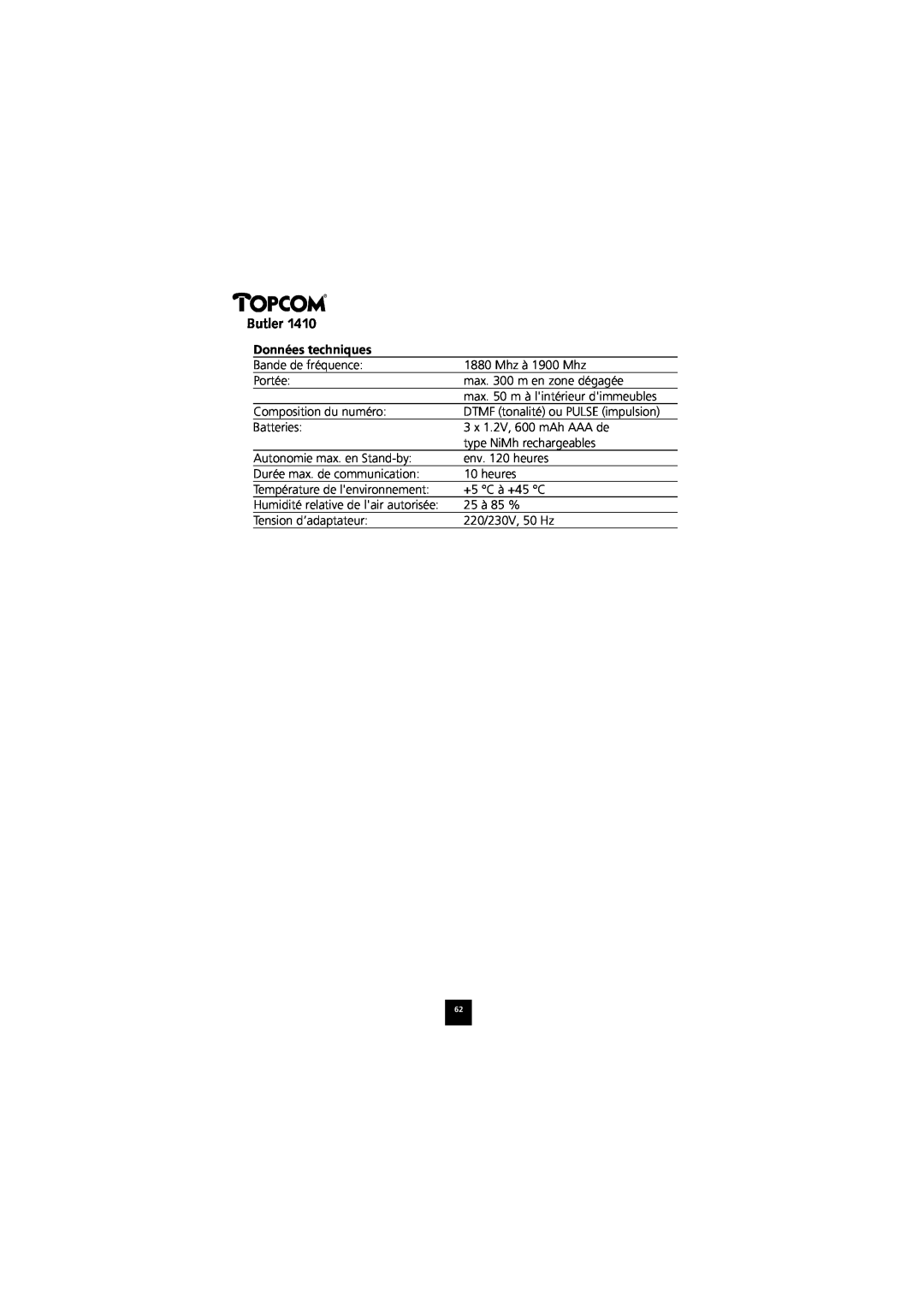 Topcom 1410 manual Données techniques, Butler 