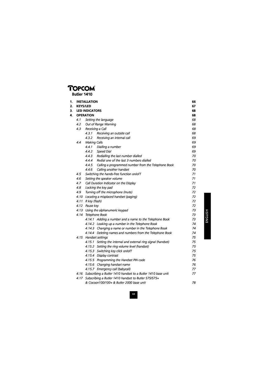Topcom 1410 manual Butler, Installation, Keys/Led, Led Indicators, Operation 