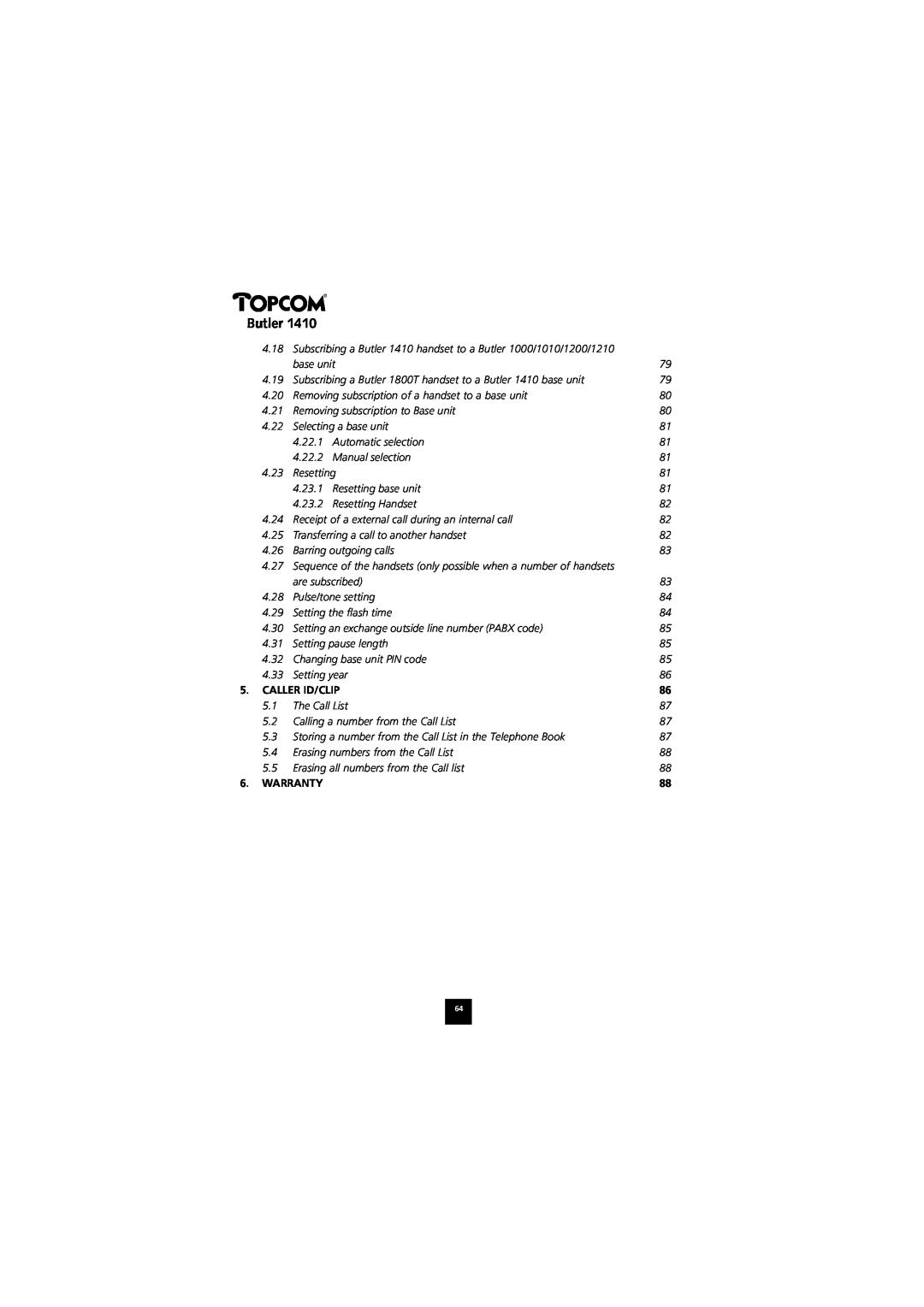 Topcom 1410 manual Butler, Caller Id/Clip, Warranty 