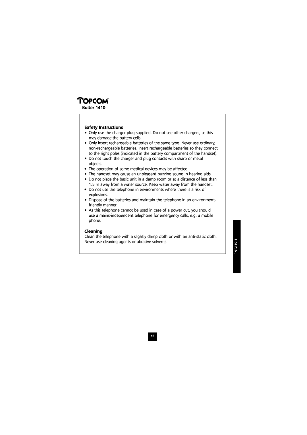 Topcom 1410 manual Safety Instructions, Cleaning, Butler 