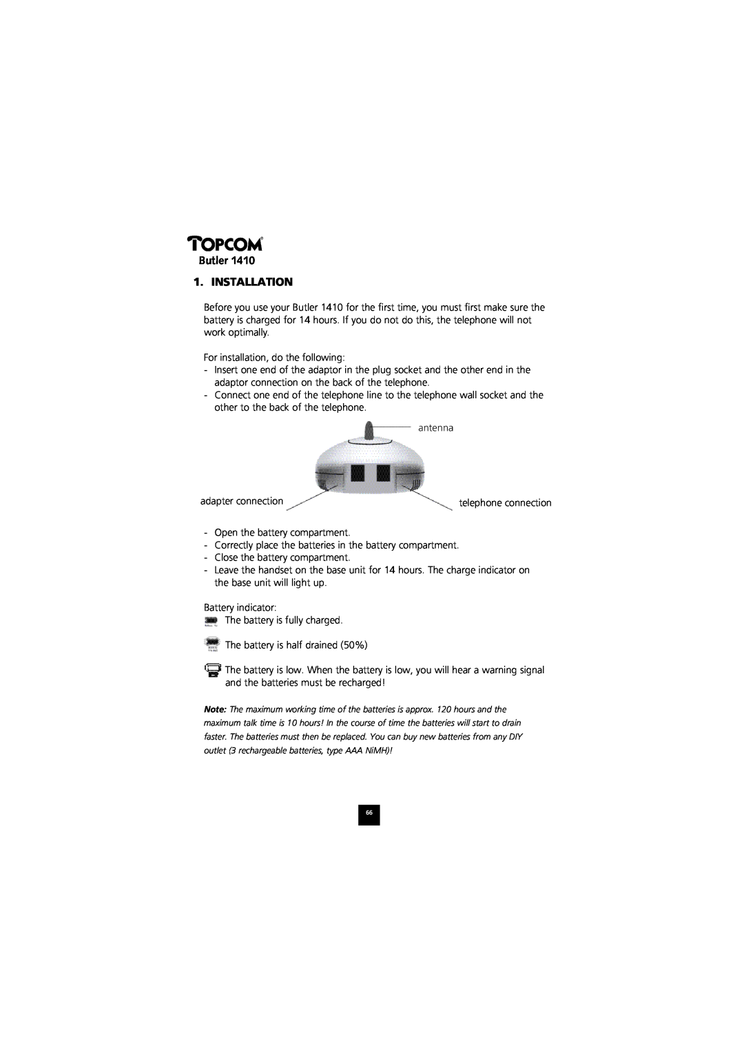 Topcom 1410 manual Butler 1. INSTALLATION, For installation, do the following 