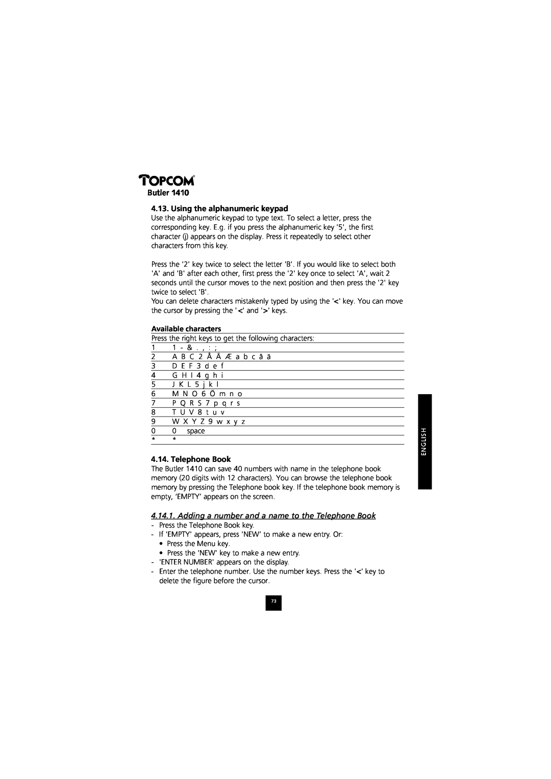Topcom 1410 manual Using the alphanumeric keypad, Available characters, Telephone Book, Butler 