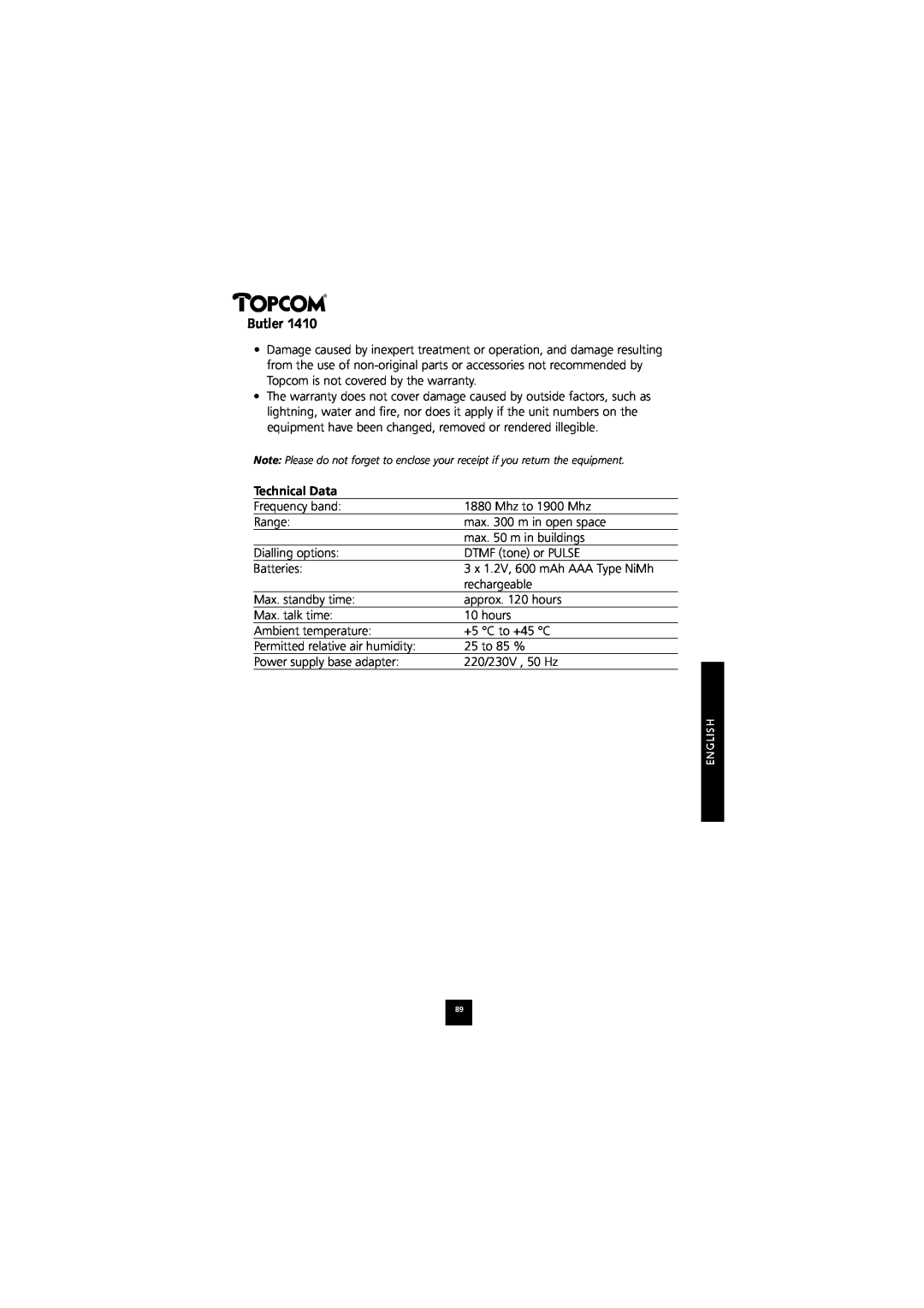 Topcom 1410 manual Technical Data, Butler 