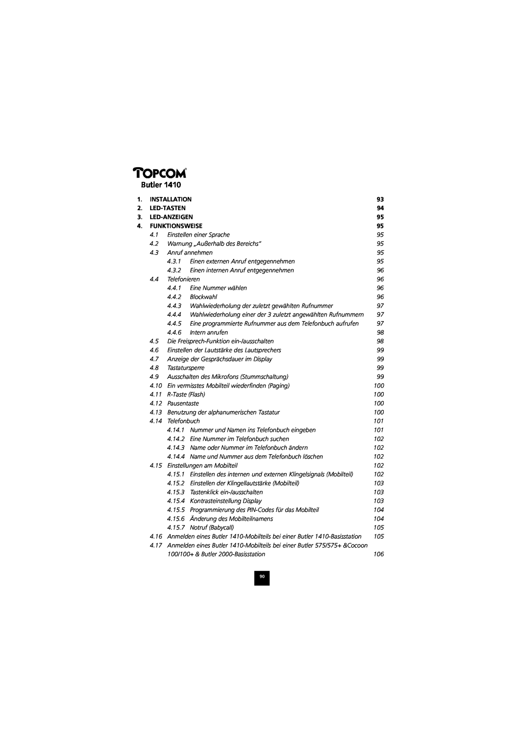 Topcom 1410 manual Butler, Installation, Led-Tasten, Led-Anzeigen, Funktionsweise 