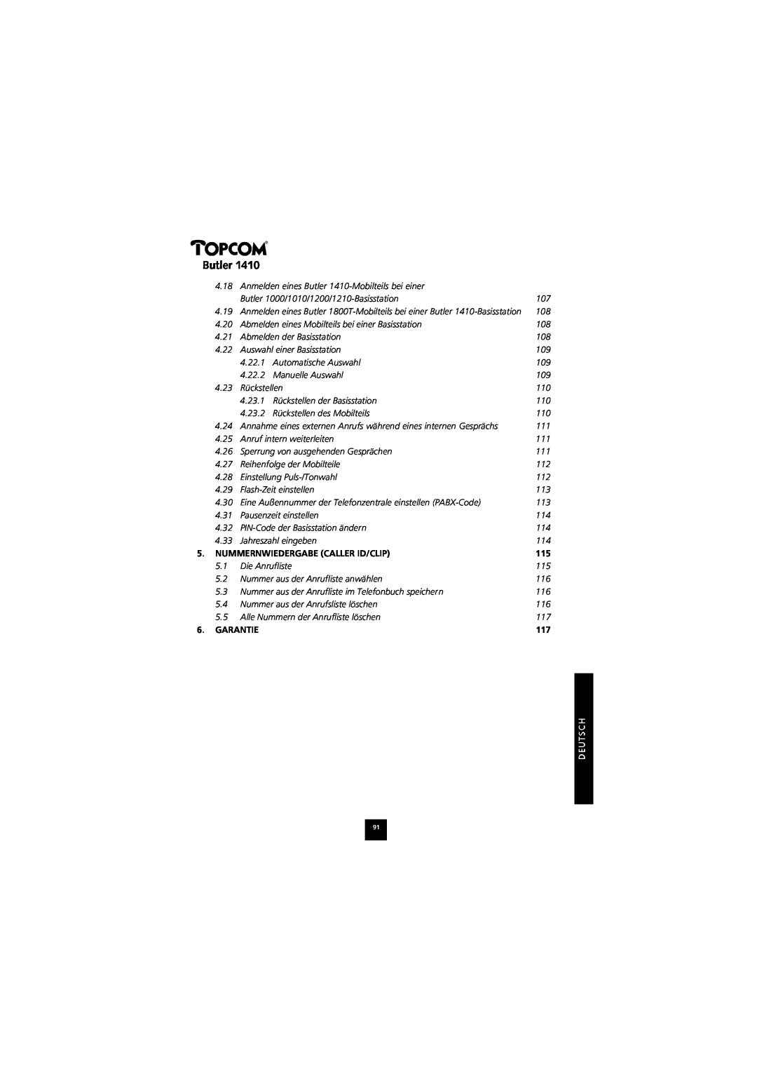 Topcom 1410 manual Butler, Nummernwiedergabe Caller Id/Clip, Garantie 