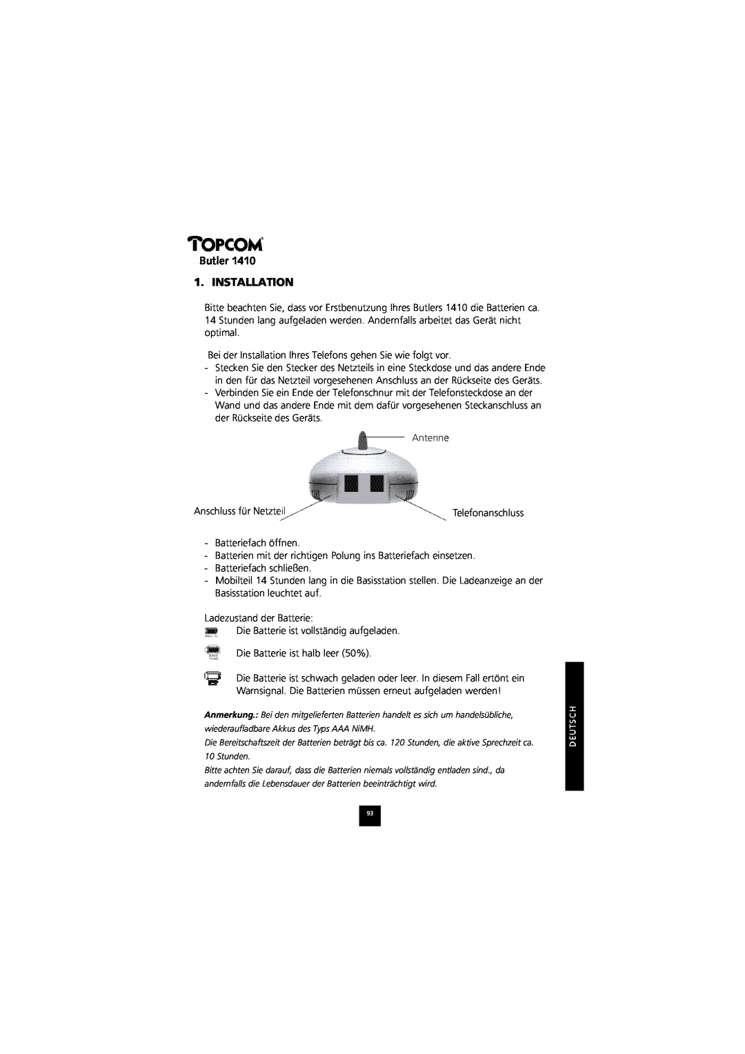 Topcom 1410 manual Butler 1. INSTALLATION, Telefonanschluss 