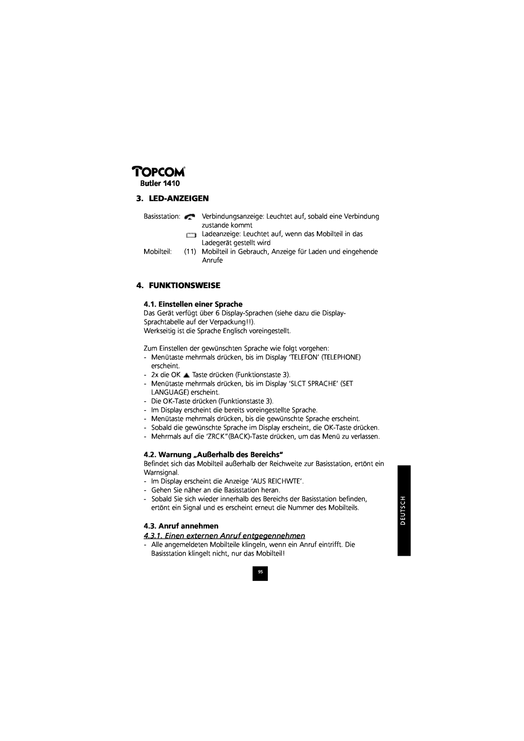 Topcom 1410 manual Butler 3. LED-ANZEIGEN, Funktionsweise, Einstellen einer Sprache, Warnung „Außerhalb des Bereichs“ 
