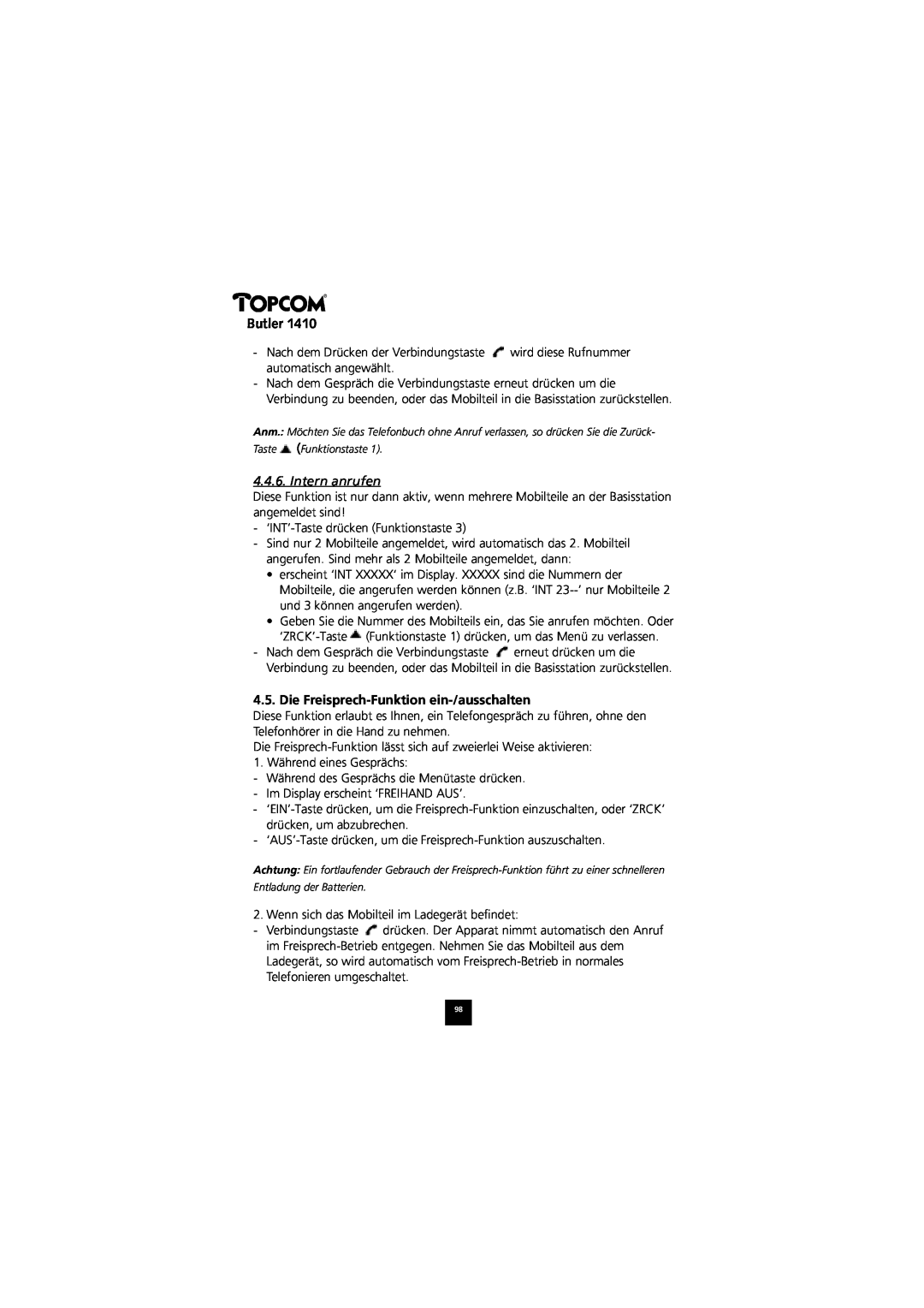 Topcom 1410 manual Intern anrufen, Die Freisprech-Funktion ein-/ausschalten, Butler 