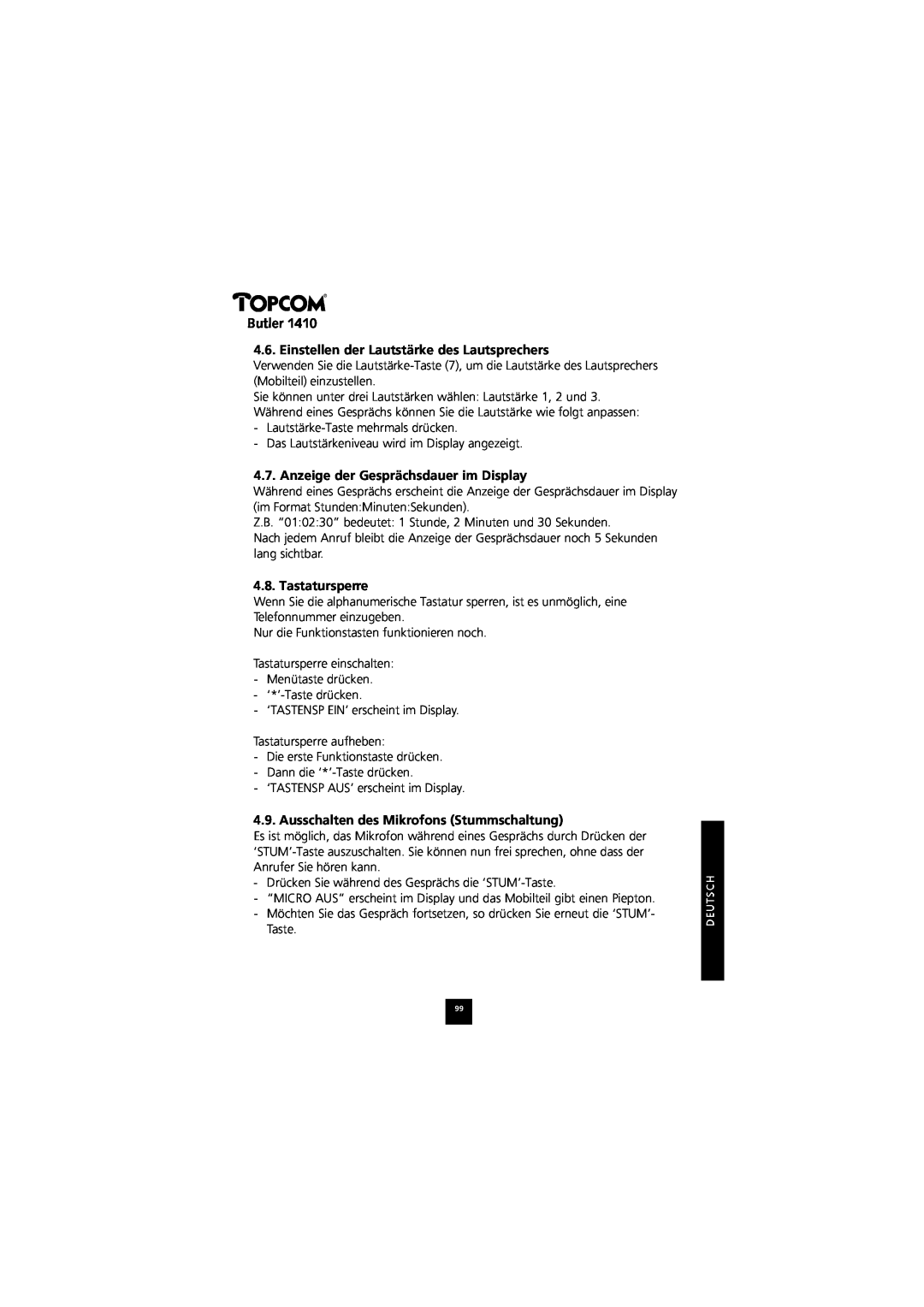 Topcom 1410 Einstellen der Lautstärke des Lautsprechers, Anzeige der Gesprächsdauer im Display, Tastatursperre, Butler 