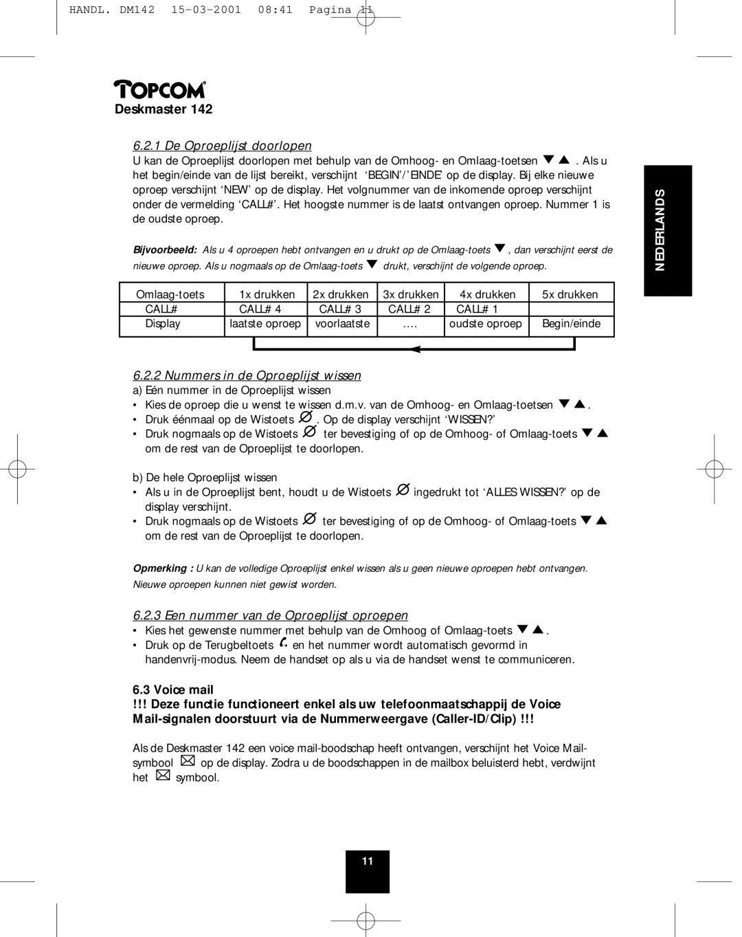 Topcom 142 manual De Oproeplijst doorlopen, Voice mail 