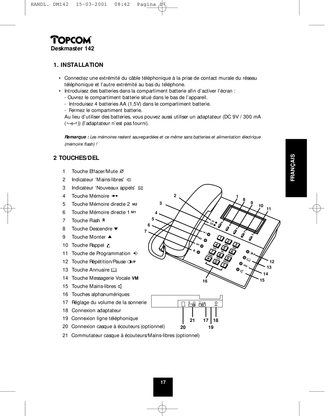 Topcom 142 manual Installation, Touches/Del 