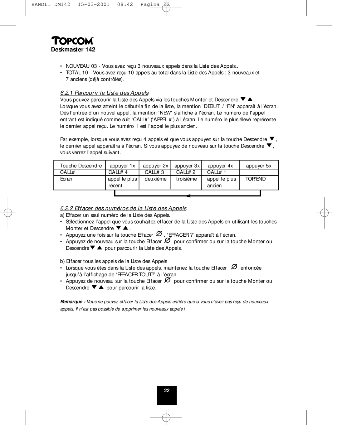 Topcom 142 manual Parcourir la Liste des Appels 