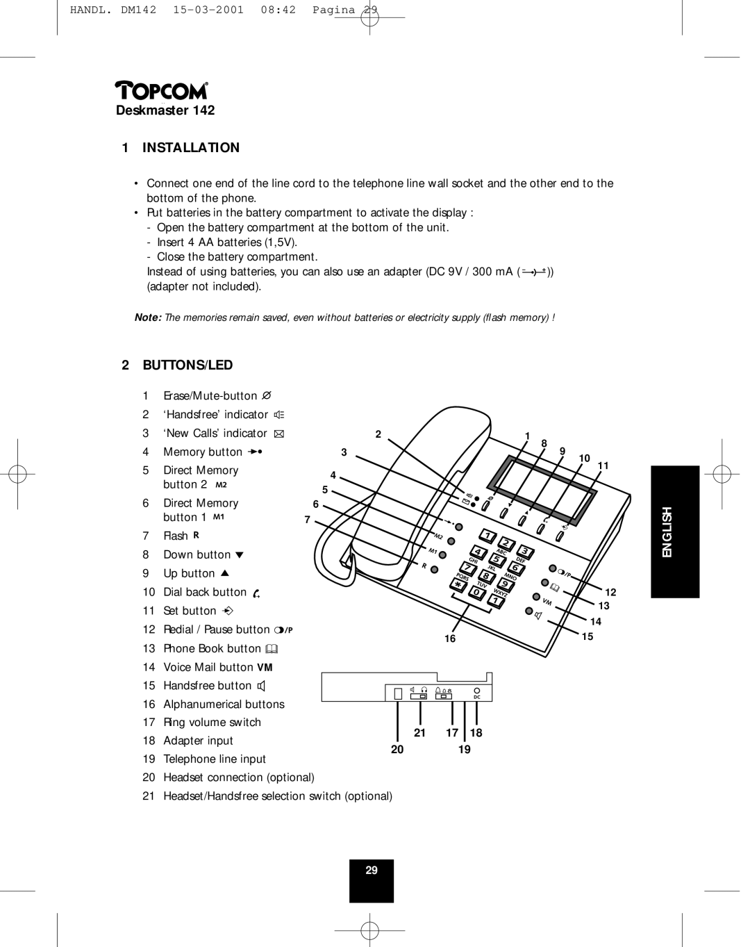 Topcom 142 manual Buttons/Led, English 