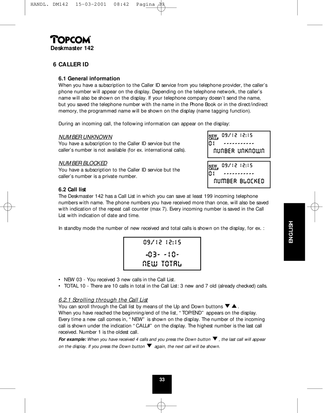 Topcom 142 manual Caller ID, General information, Call list W 09/12 