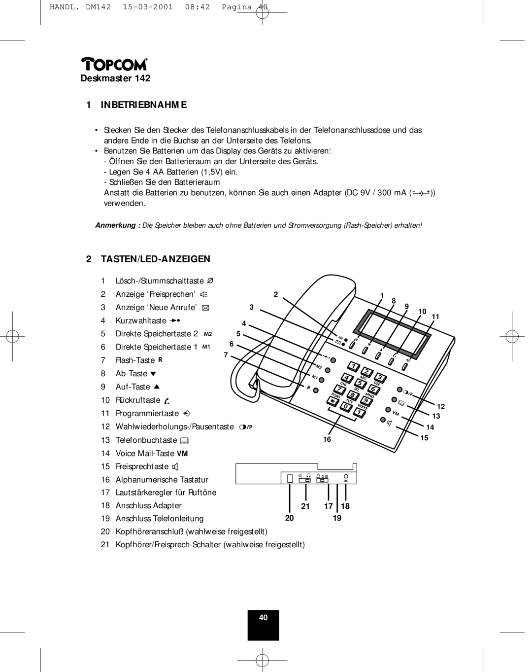 Topcom 142 manual Inbetriebnahme, Tasten/Led-Anzeigen 