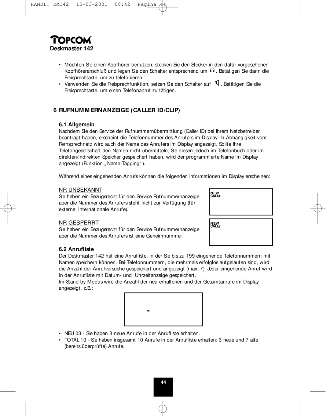 Topcom 142 manual Rufnummernanzeige Caller ID/CLIP, Allgemein, Anruﬂiste W 09/12 