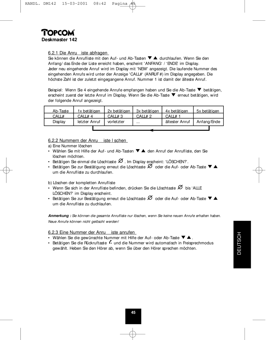 Topcom 142 manual Die Anruﬂiste abfragen 