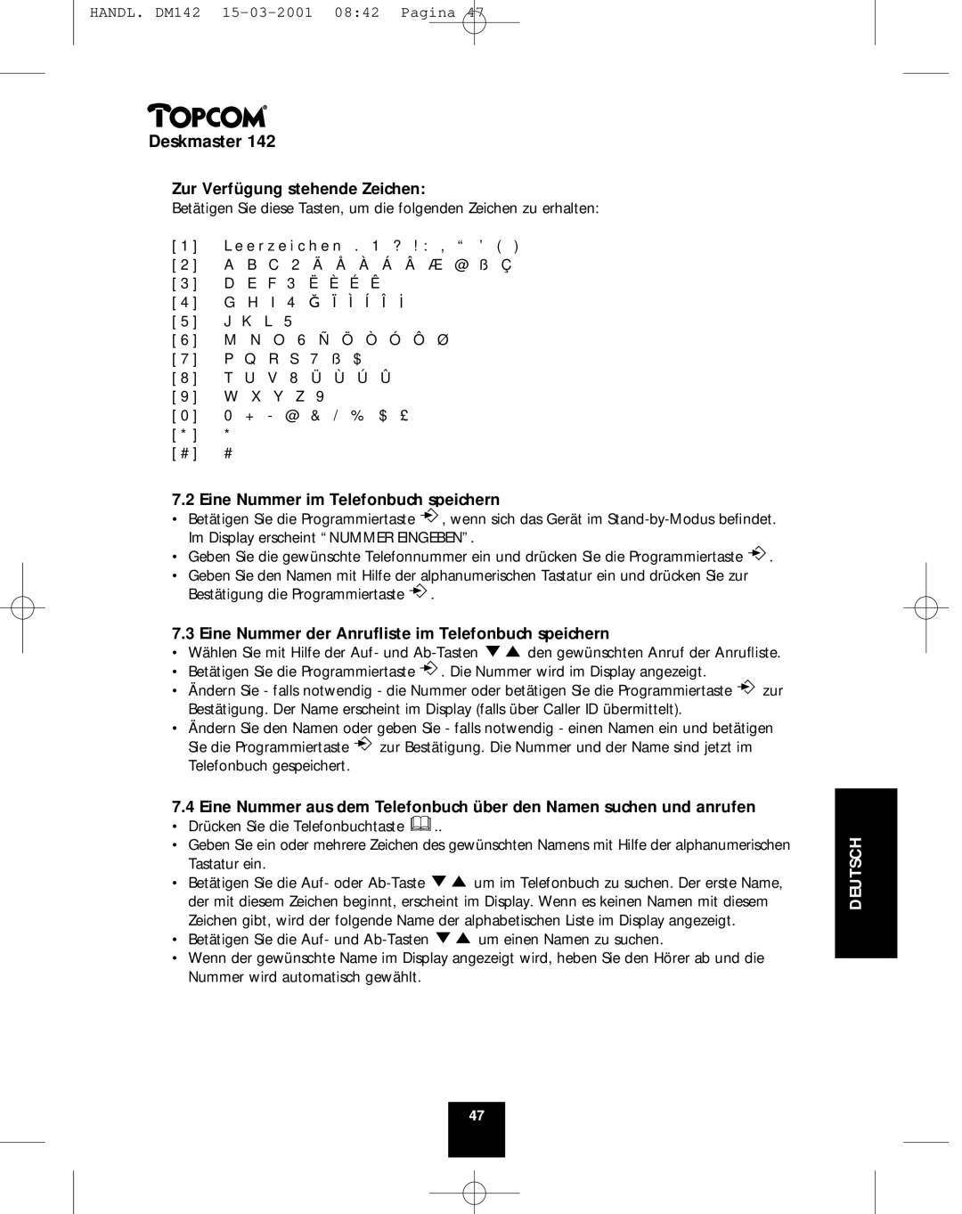 Topcom 142 manual Zur Verfügung stehende Zeichen, Eine Nummer im Telefonbuch speichern 