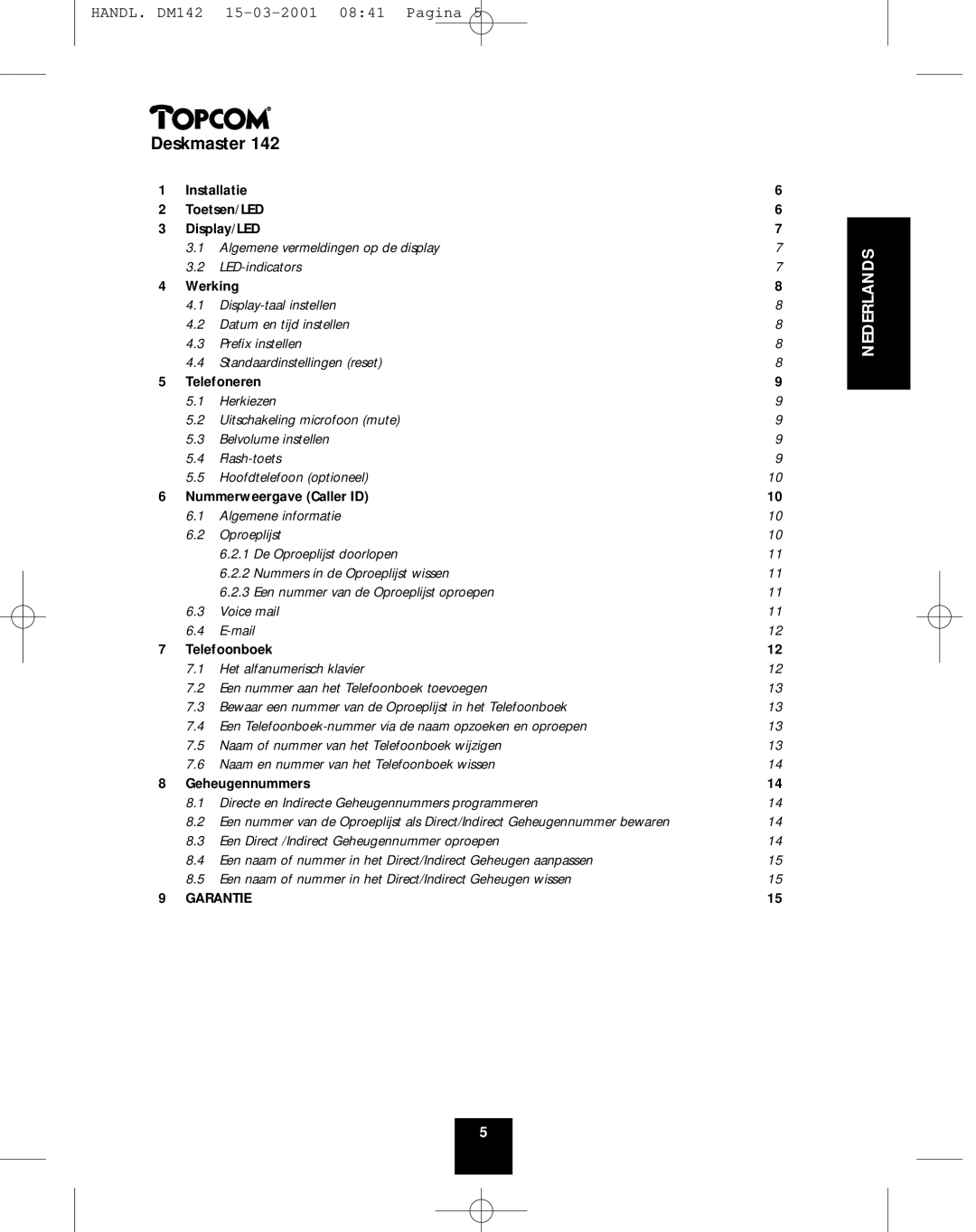 Topcom 142 manual Nederlands 