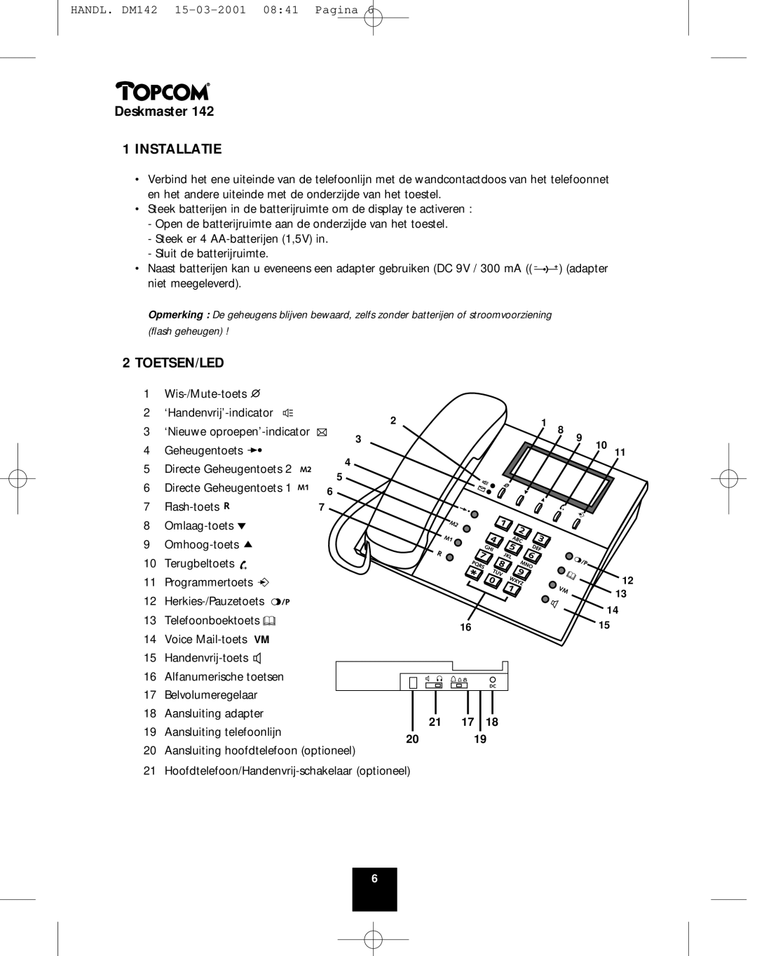 Topcom 142 manual Installatie, Toetsen/Led 