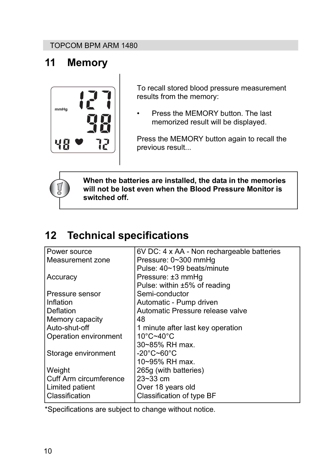 Topcom 1480 manual Memory, Technical specifications 