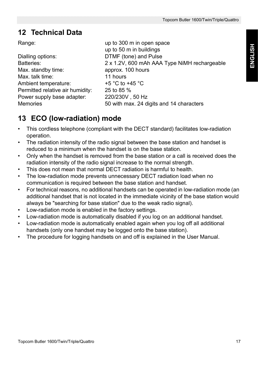 Topcom 1600 manual Technical Data, ECO low-radiation mode 