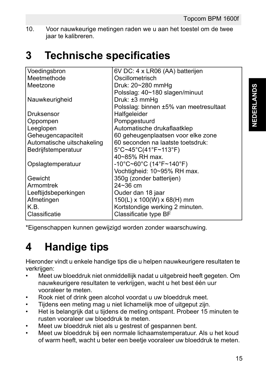 Topcom 1600F manual Technische specificaties, Handige tips 