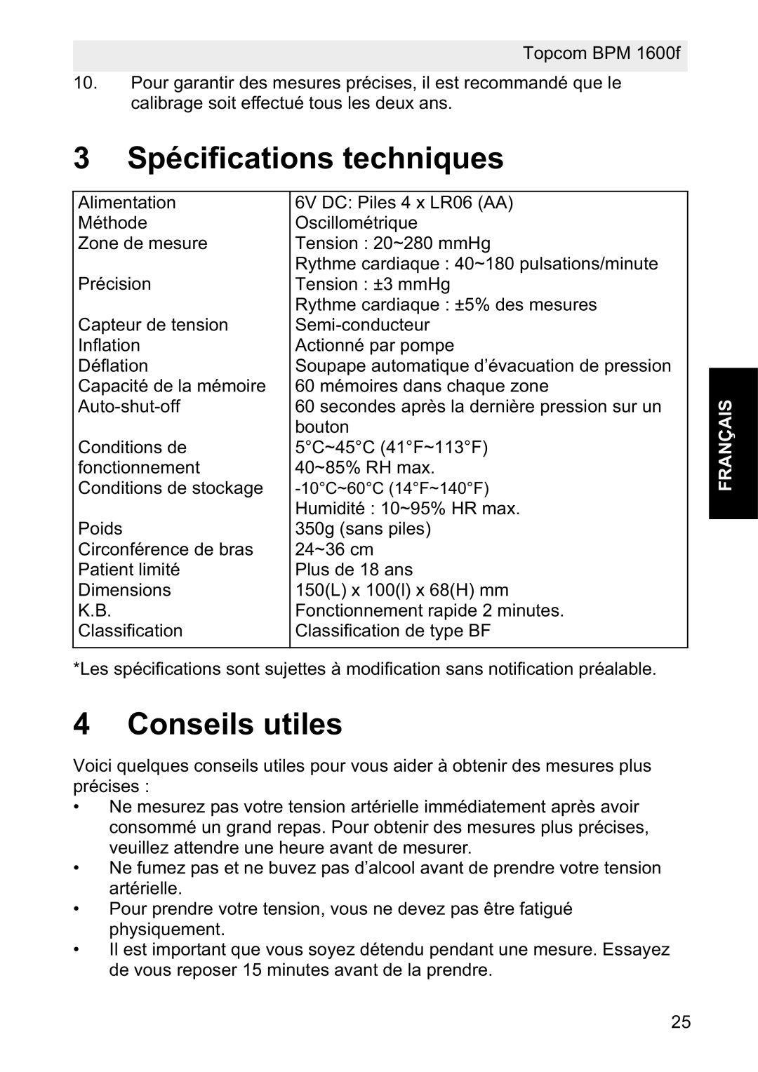 Topcom 1600F manual Spécifications techniques, Conseils utiles 