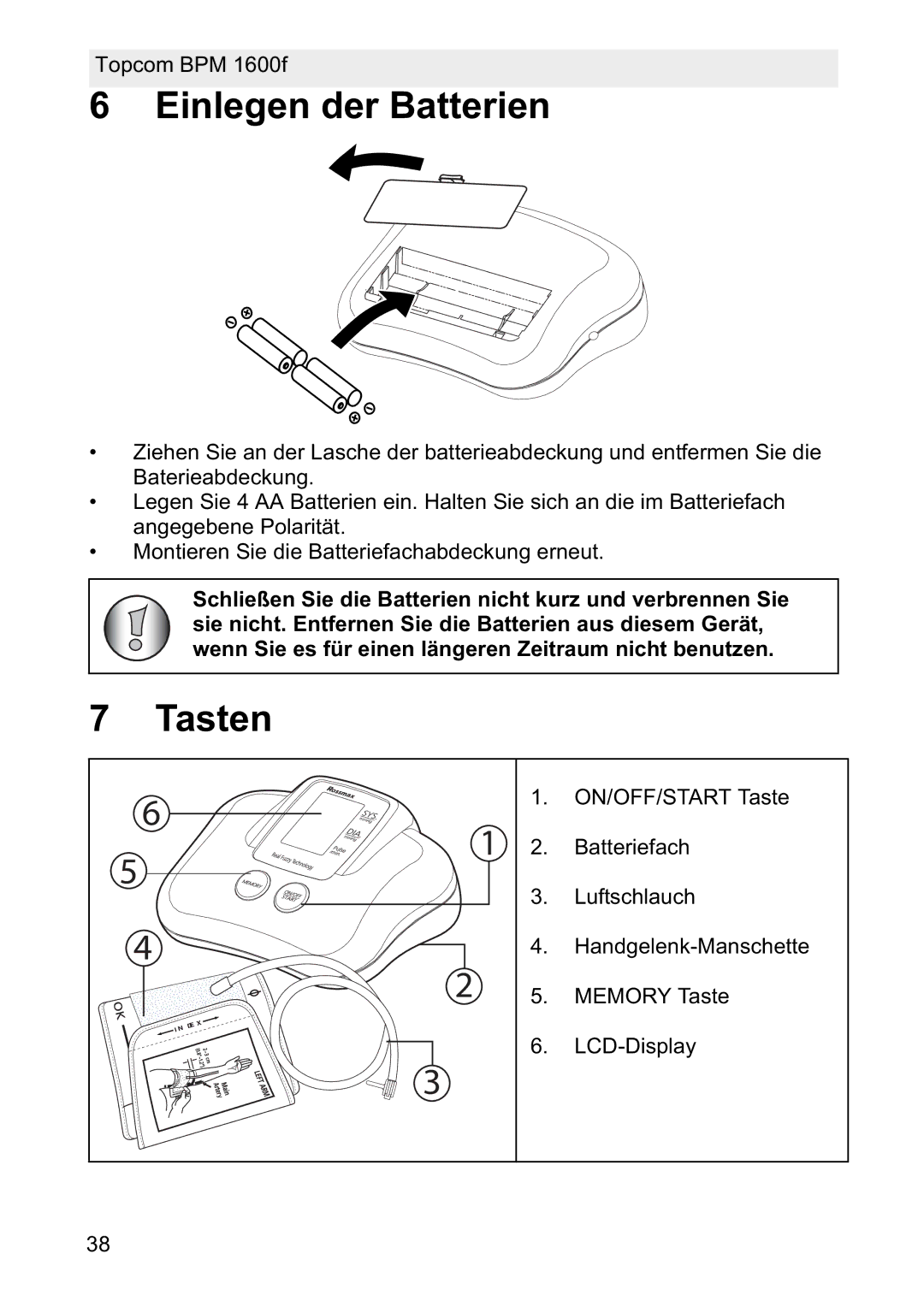 Topcom 1600F manual Einlegen der Batterien, Tasten 