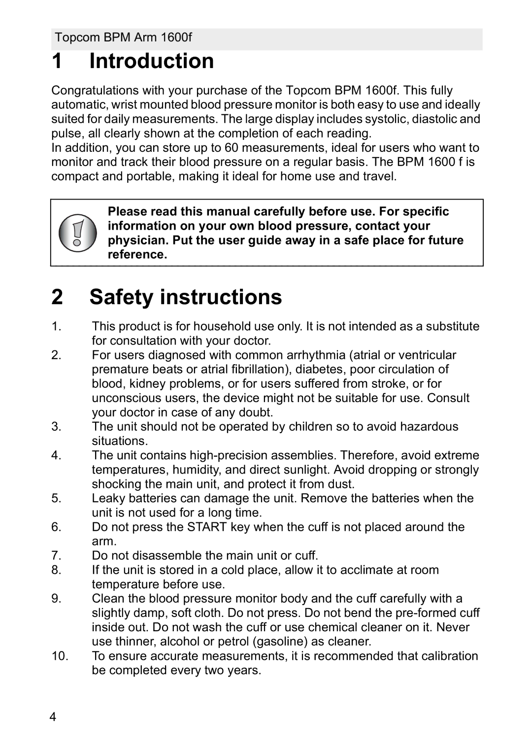 Topcom 1600F manual Introduction, Safety instructions 