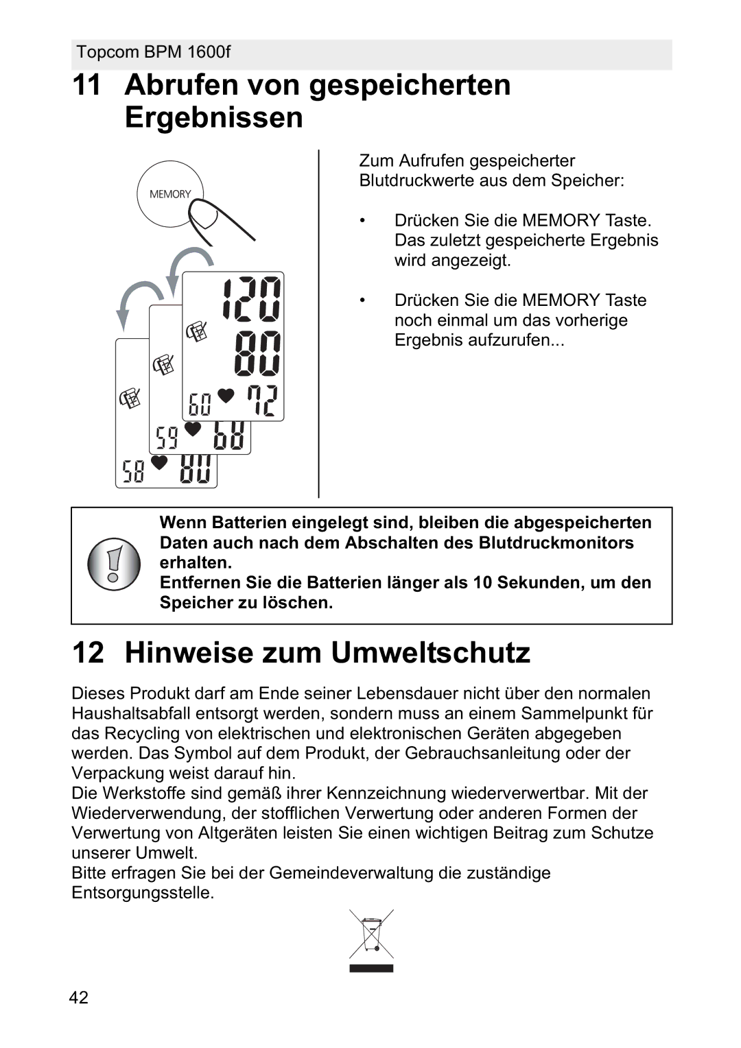 Topcom 1600F manual Abrufen von gespeicherten Ergebnissen, Hinweise zum Umweltschutz 