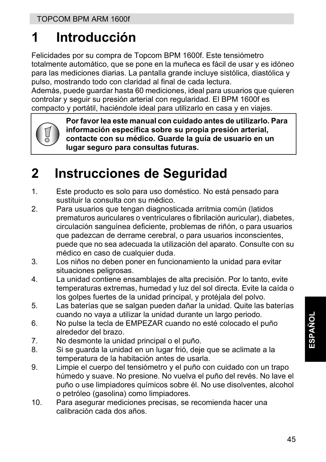 Topcom 1600F manual Introducción, Instrucciones de Seguridad 