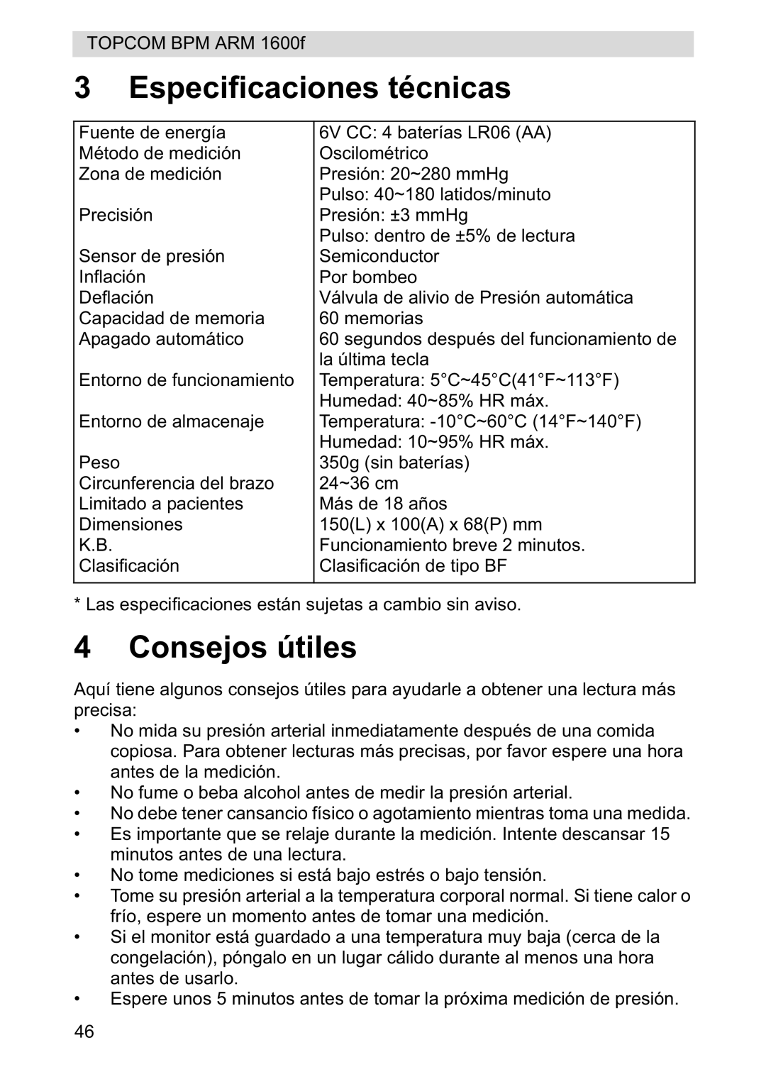 Topcom 1600F manual Especificaciones técnicas, Consejos útiles 