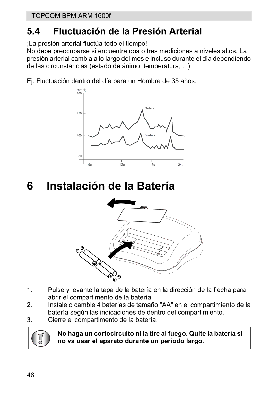 Topcom 1600F manual Instalación de la Batería, Fluctuación de la Presión Arterial 