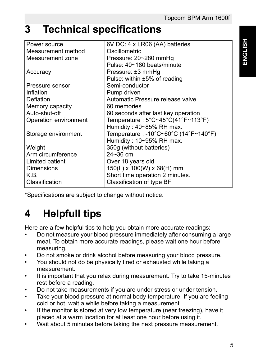 Topcom 1600F manual Technical specifications, Helpfull tips 