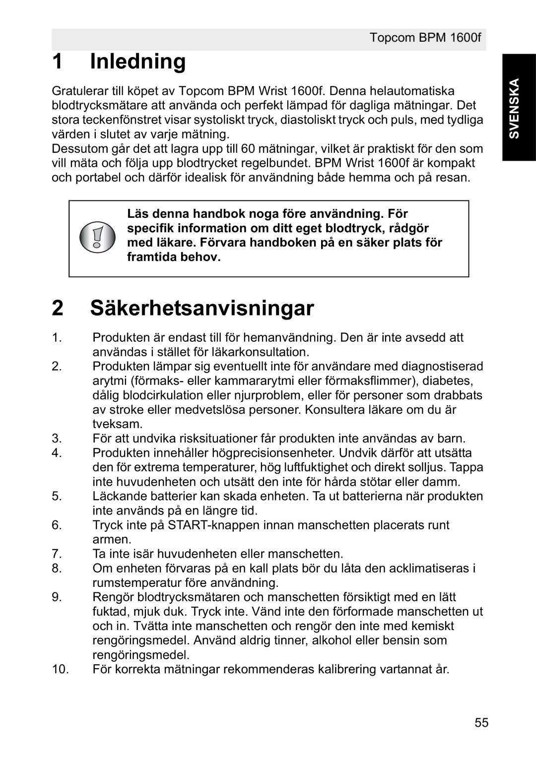 Topcom 1600F manual Inledning, Säkerhetsanvisningar 