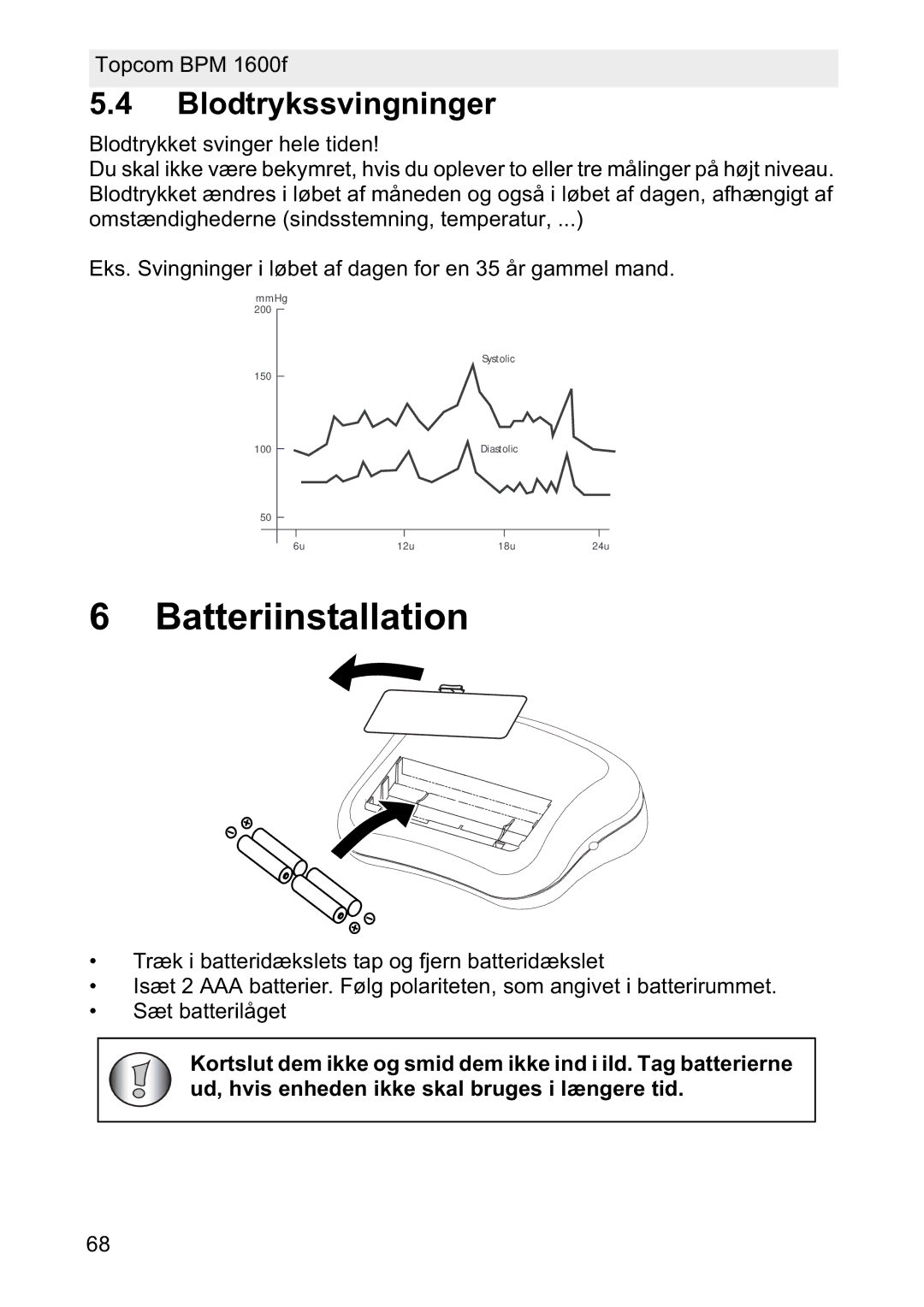 Topcom 1600F manual Batteriinstallation, Blodtrykssvingninger 