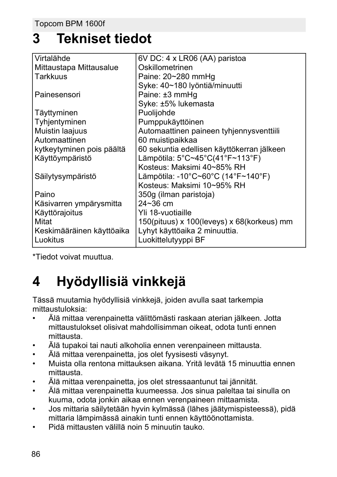 Topcom 1600F manual Tekniset tiedot, Hyödyllisiä vinkkejä 