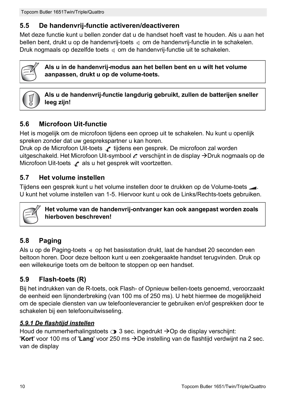 Topcom 1651 manual De handenvrij-functie activeren/deactiveren, Microfoon Uit-functie, Het volume instellen, Paging 