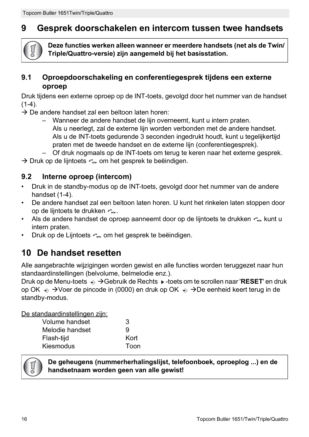 Topcom 1651 manual Gesprek doorschakelen en intercom tussen twee handsets, De handset resetten, Interne oproep intercom 