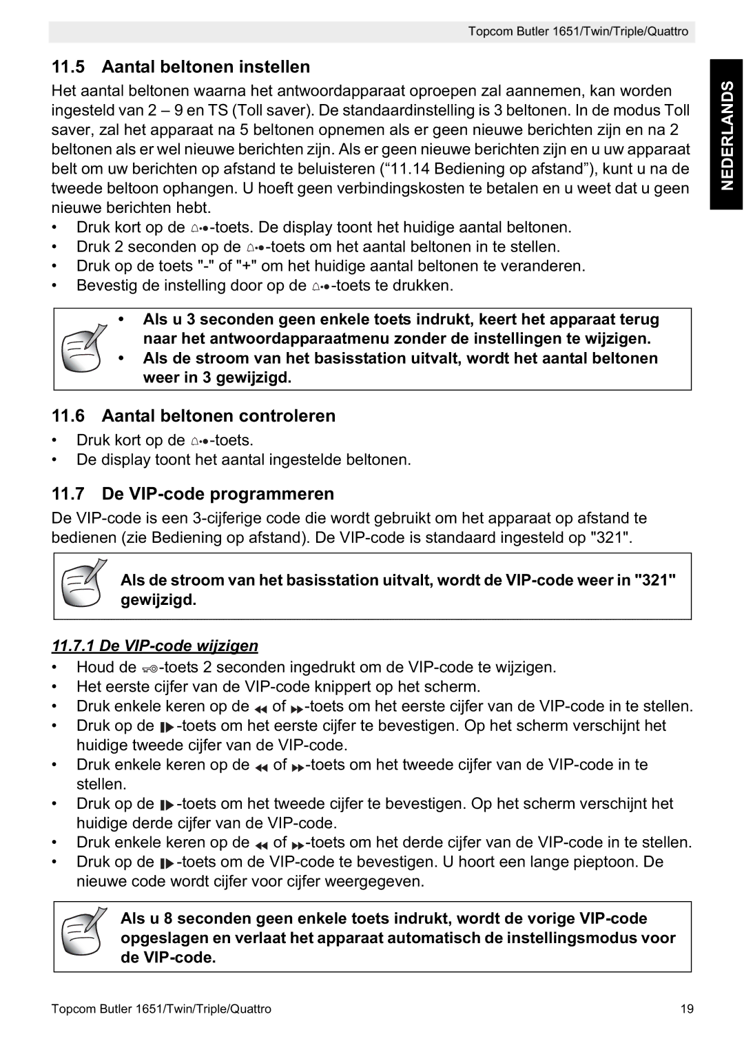 Topcom 1651 manual Aantal beltonen instellen, Aantal beltonen controleren, De VIP-code programmeren, De VIP-code wijzigen 