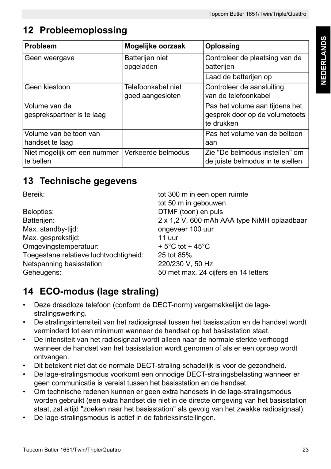 Topcom 1651 manual Probleemoplossing, Technische gegevens, ECO-modus lage straling, Probleem Mogelijke oorzaak Oplossing 