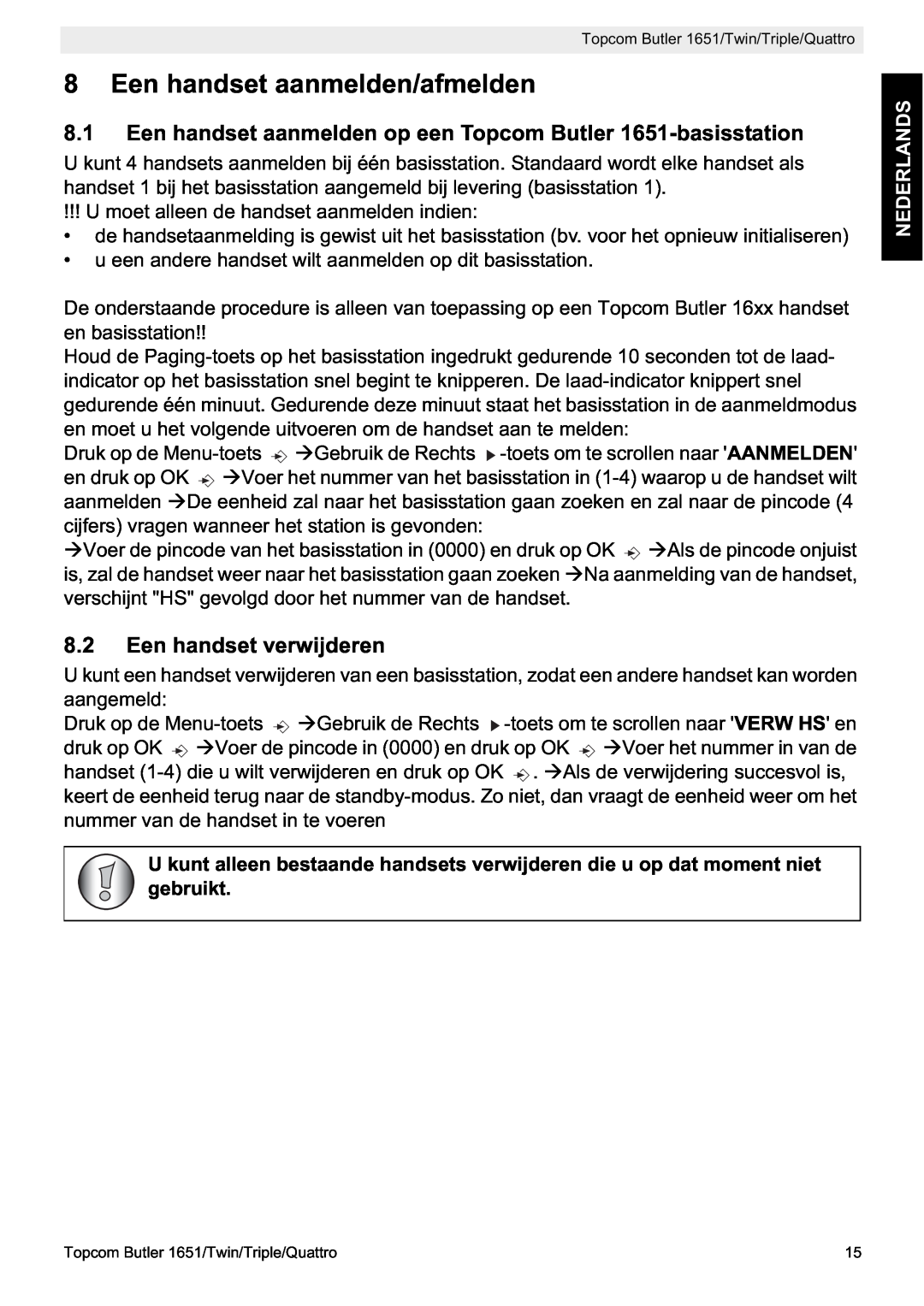 Topcom manual Een handset aanmelden/afmelden, Een handset aanmelden op een Topcom Butler 1651-basisstation, Nederlands 