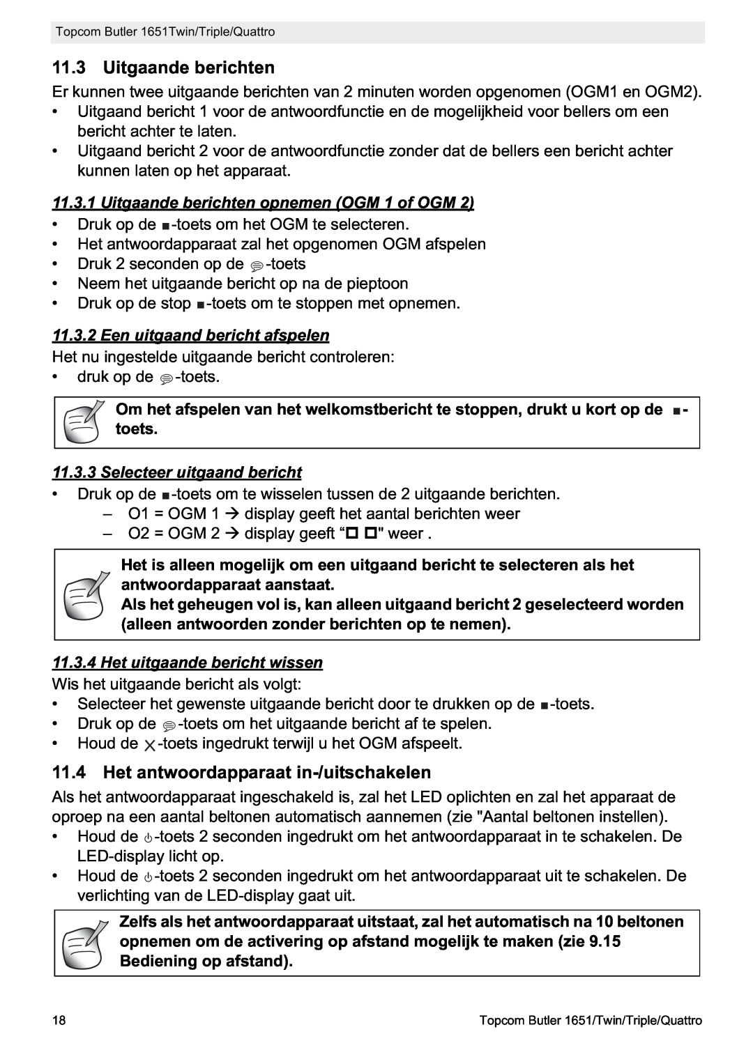 Topcom 1651 manual Het antwoordapparaat in-/uitschakelen, Uitgaande berichten opnemen OGM 1 of OGM 