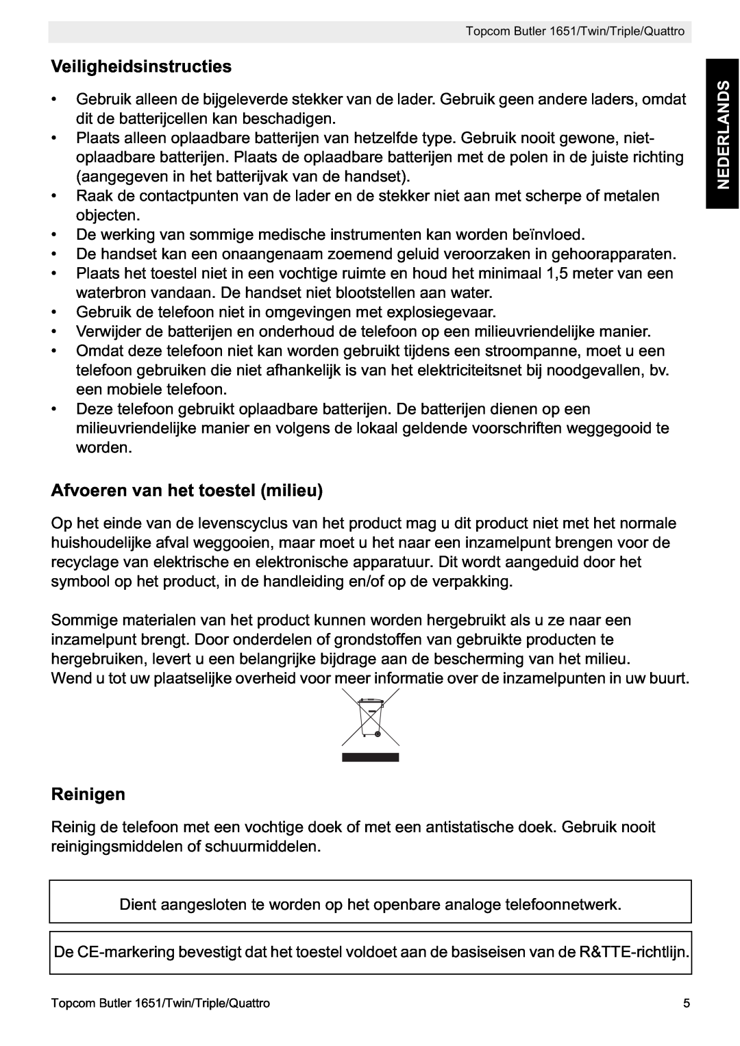 Topcom 1651 manual Veiligheidsinstructies, Afvoeren van het toestel milieu, Reinigen, Nederlands 