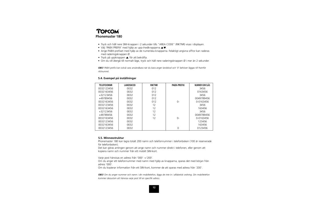 Topcom 180 manual Exempel på inställningar, Minnesstruktur 